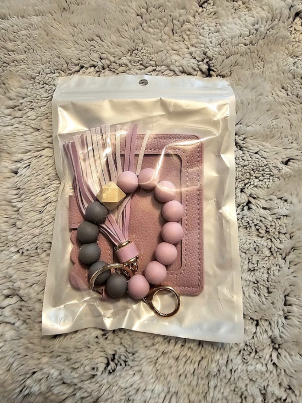 Pink & Gray Beaded Keychain Card Holder